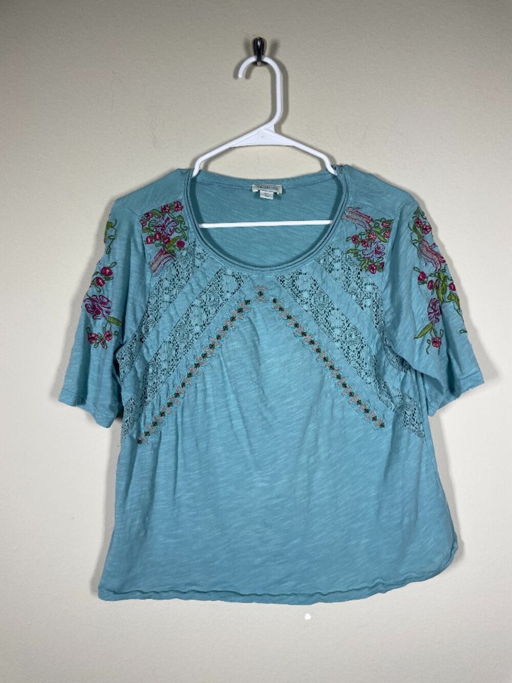 Sundance Women's Embroidered Teal Green Floral SS Blouse Top PM!